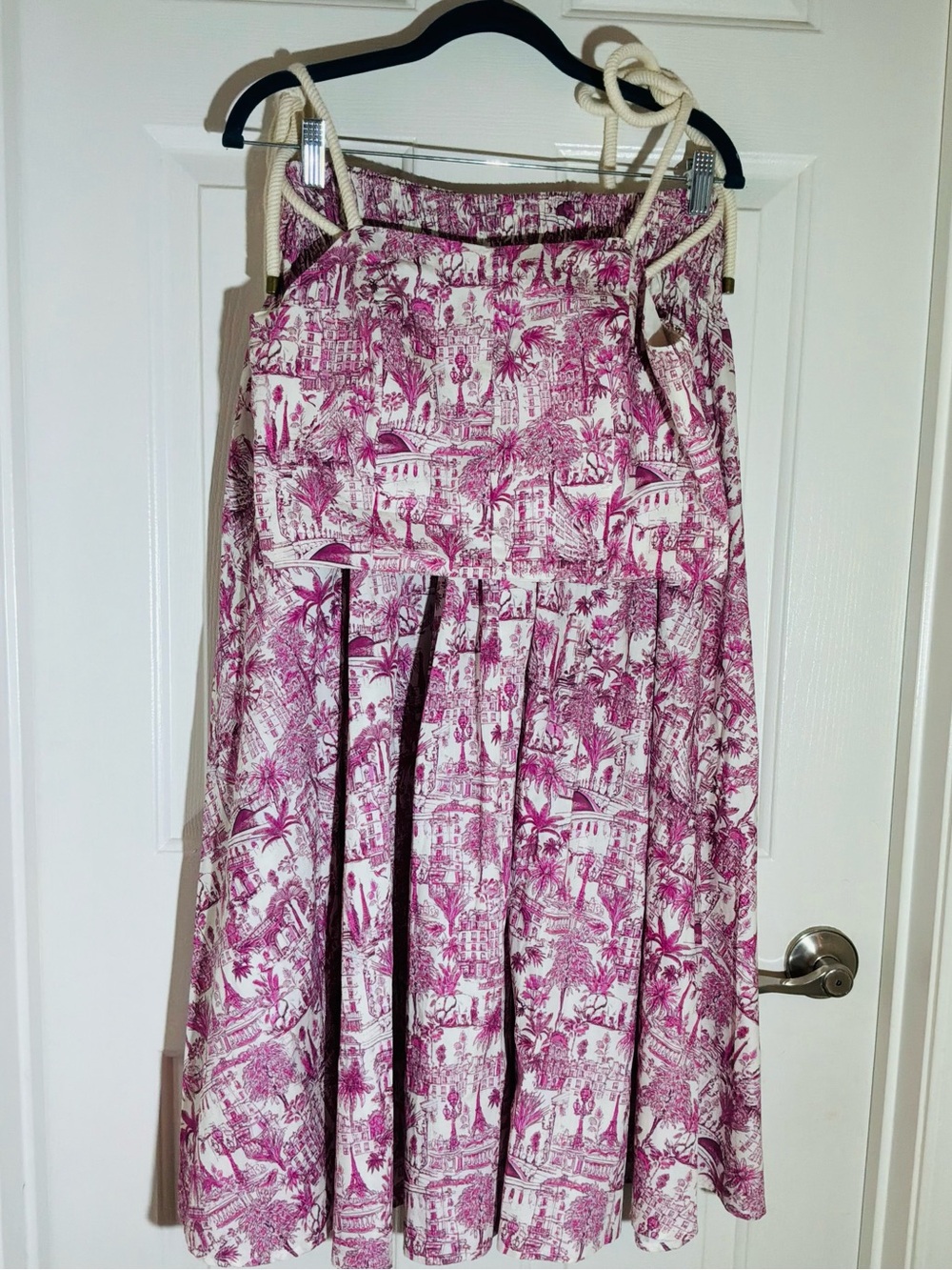 Joie White and Pink Toile Pleated Midi Skirt